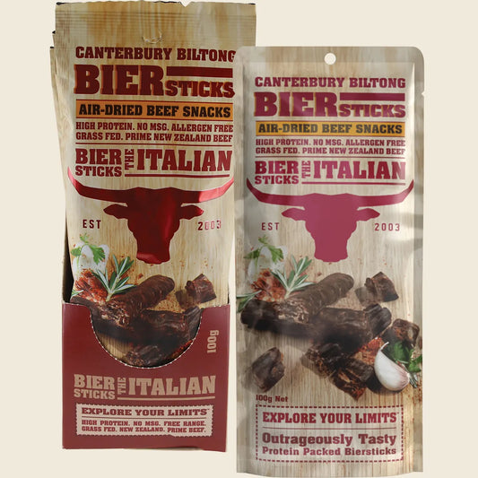 Canterbury Biltong Grass Fed Biersticks (Meat Stick 4pk) Italian 10x100g