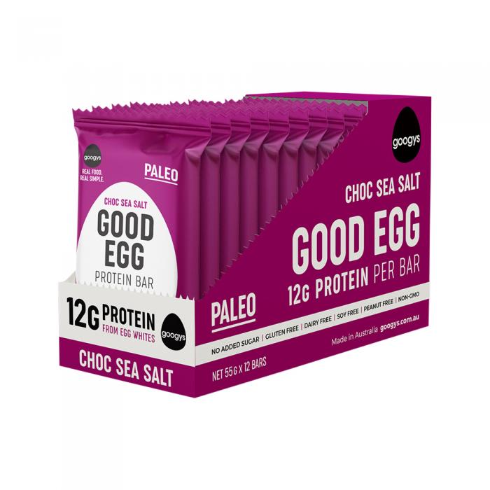 Googys Good Egg Protein Bar Choc Sea Salt 55g X 12 Display