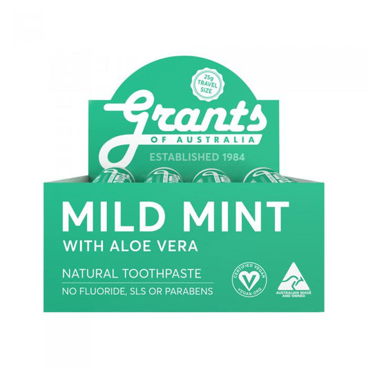 Grants Of Australia Natural Toothpaste Mild Mint With Aloe Vera Travel Size 25g X 12 Display
