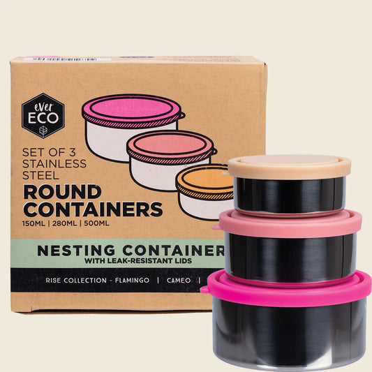 Ever Eco Stainless Steel Round Containers Rise Leak Resistant 3pk